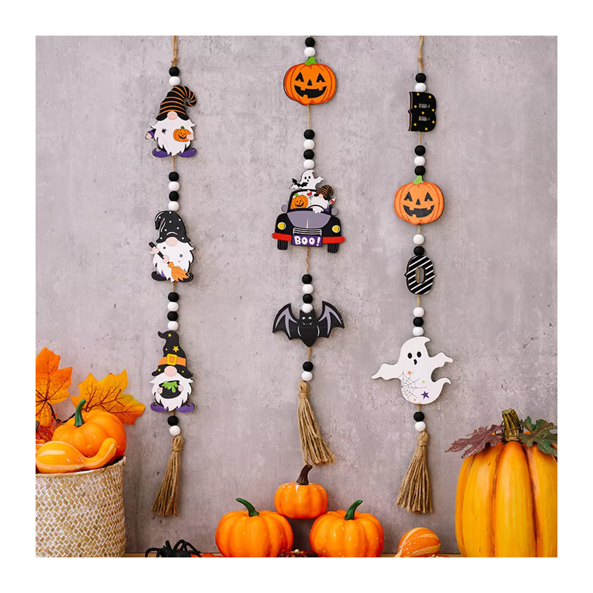 Meidding Halloween Holzperlen Girlande mit Kürbis, Fledermaus und Geist als mehrfarbige hängende Dekoration - Bild 3