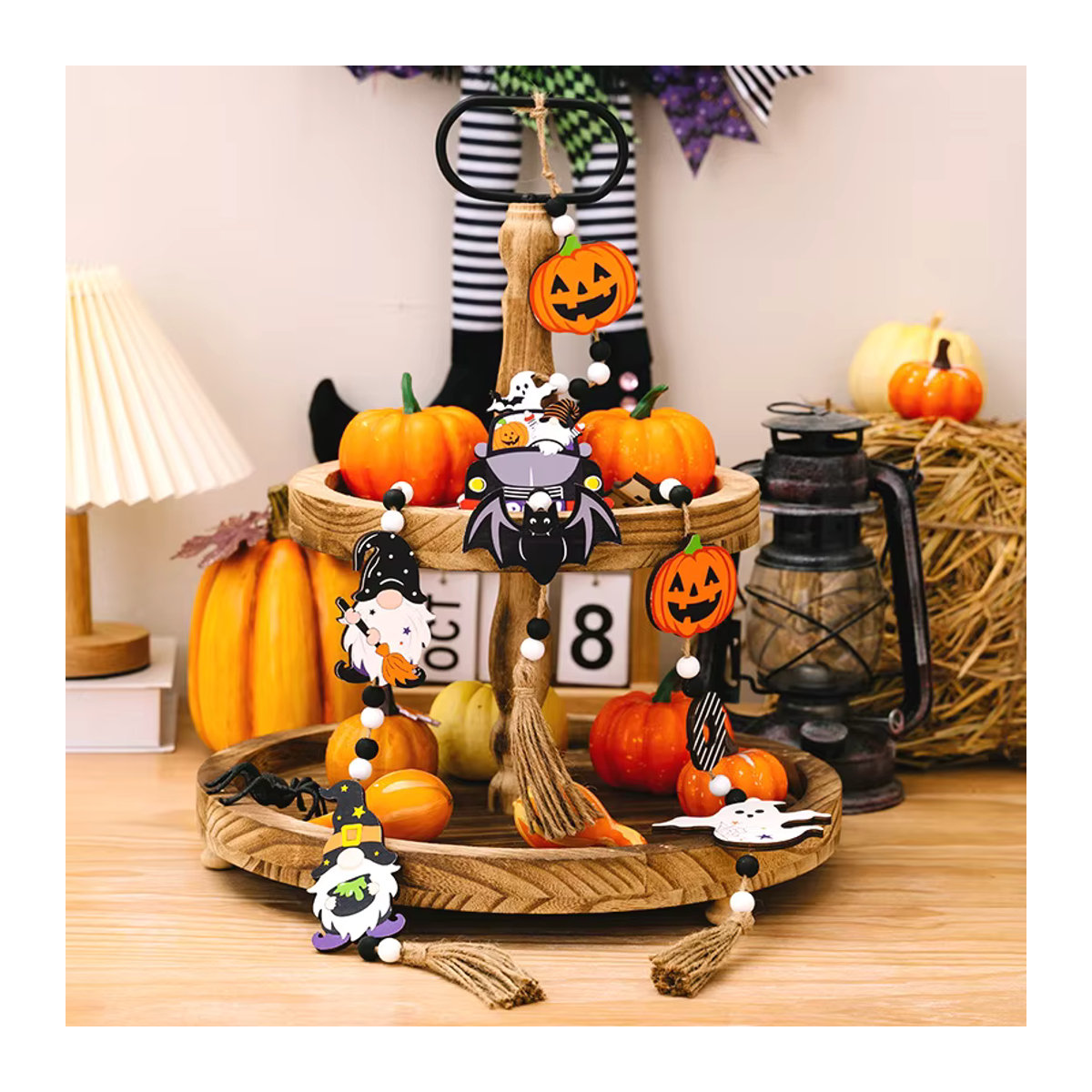 Meidding Halloween Holzperlen Girlande mit Kürbis, Fledermaus und Geist als mehrfarbige hängende Dekoration - Bild 4