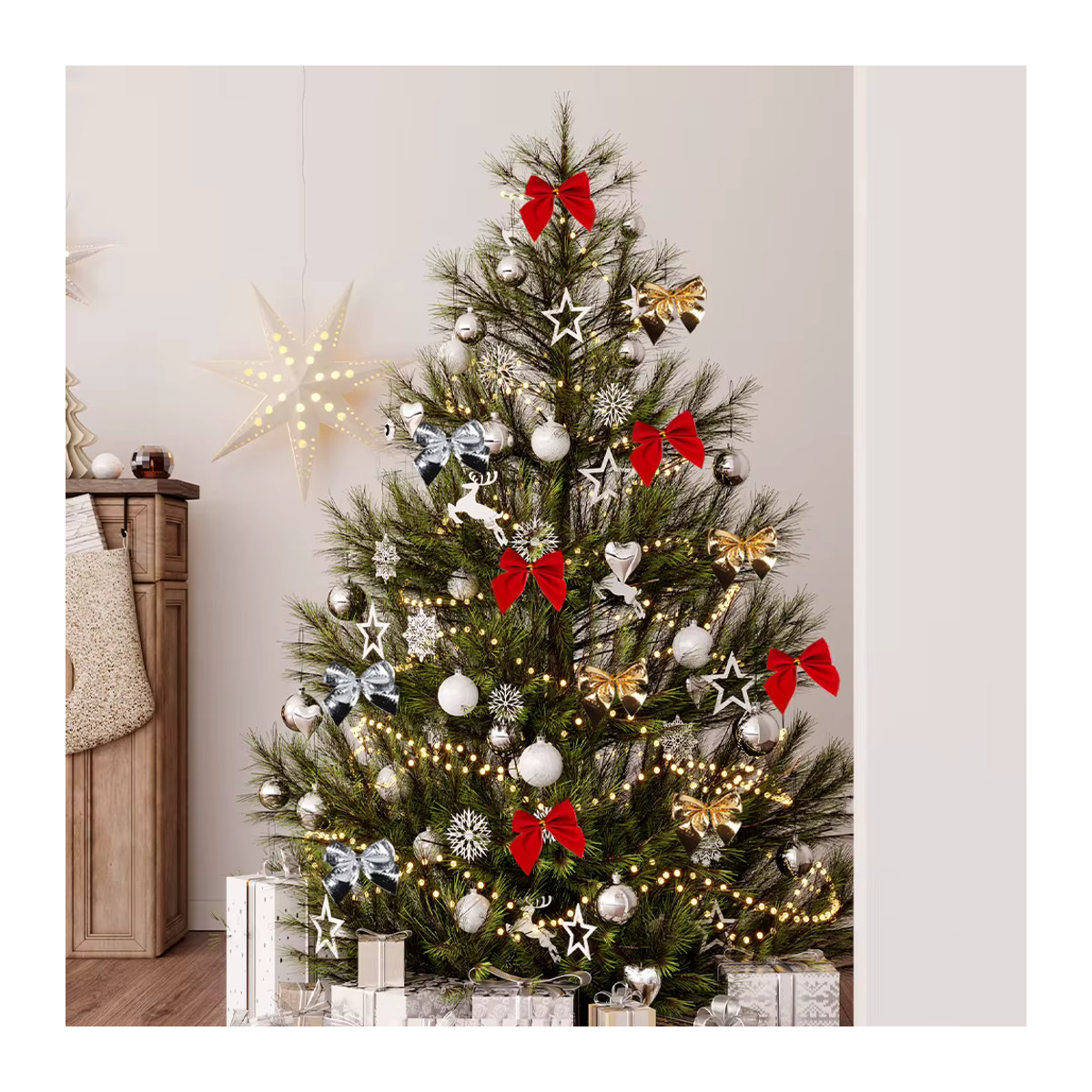 Meidding Weihnachts-Hängeornamente aus Textil mit Schleifen in Rot, Gold und Silber, 12 Stück - Bild 5