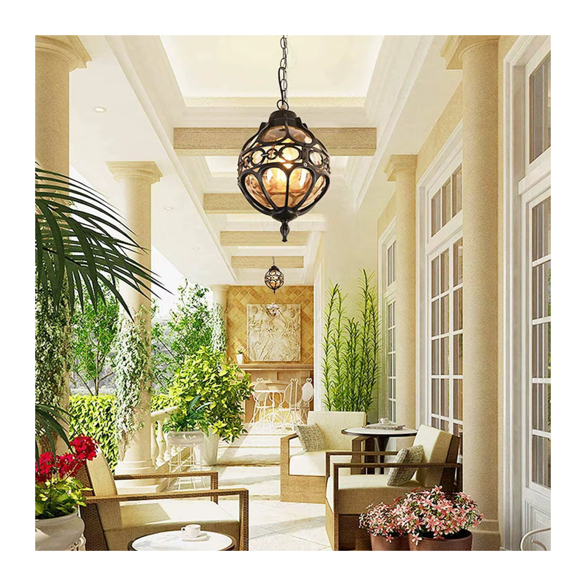 Mengjay LED Outdoor Garten Laterne aus Glas in Bronze im Vintage Design als wasserdichte Hängelampe für Balkon und Eingangsbereich - Bild 2