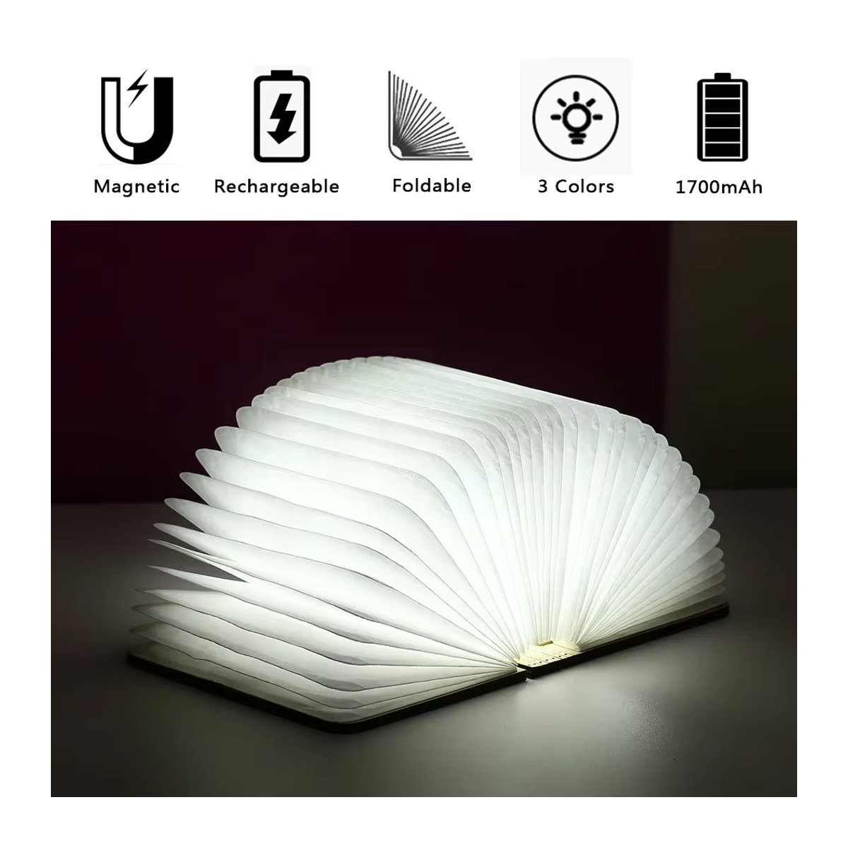 MERRYLE 3D Holz LED Buch Nachtlicht in Nussbaum mit 3/5 Beleuchtungsfarben, faltbare magnetische Schreibtischlampe mit USB-Wiederaufladung, minimalistisches Design - Bild 2