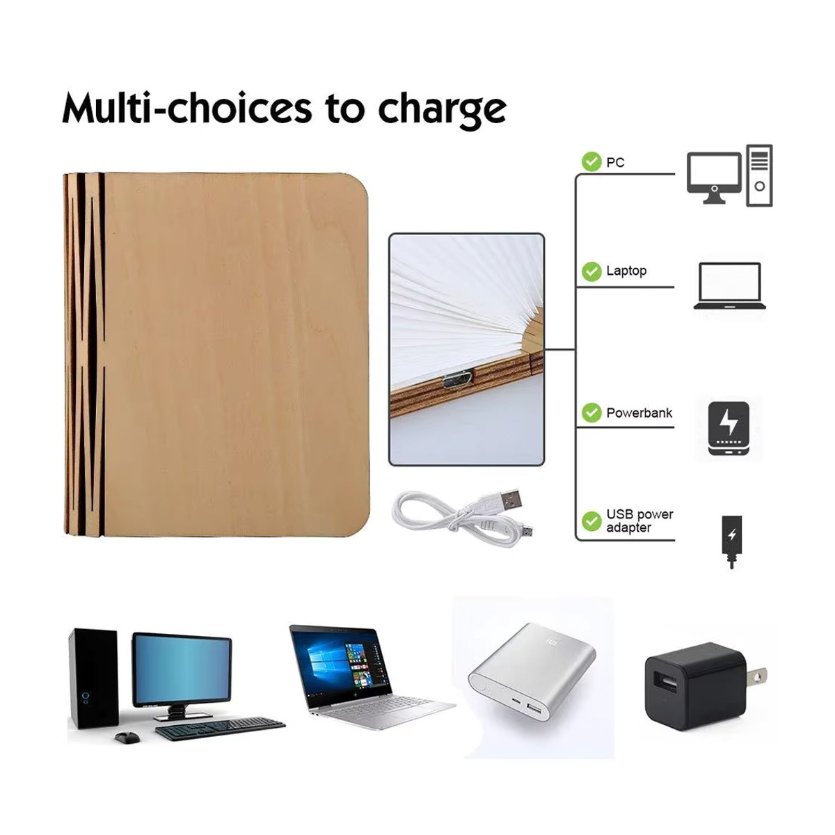 MERRYLE 3D Holz LED Buch Nachtlicht in Nussbaum mit 3/5 Beleuchtungsfarben, faltbare magnetische Schreibtischlampe mit USB-Wiederaufladung, minimalistisches Design - Bild 3