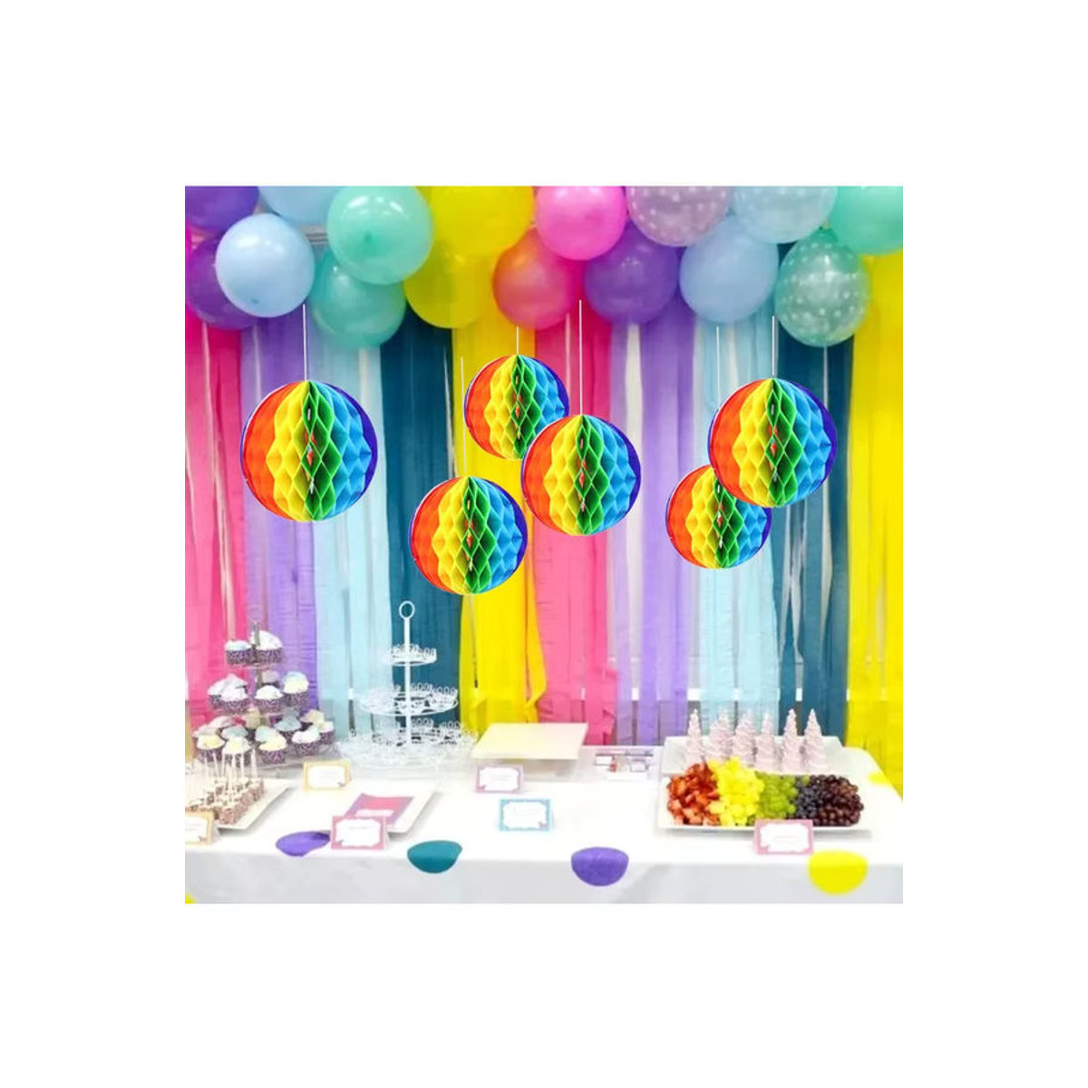 Merylover Mehrfarbige Waben-Papierblumen in Regenbogenfarben als dekorative Papierkugeln für Hochzeit, Geburtstag oder Babyparty, Durchmesser: 15 cm, 20 cm, 25 cm und 30 cm - Bild 7