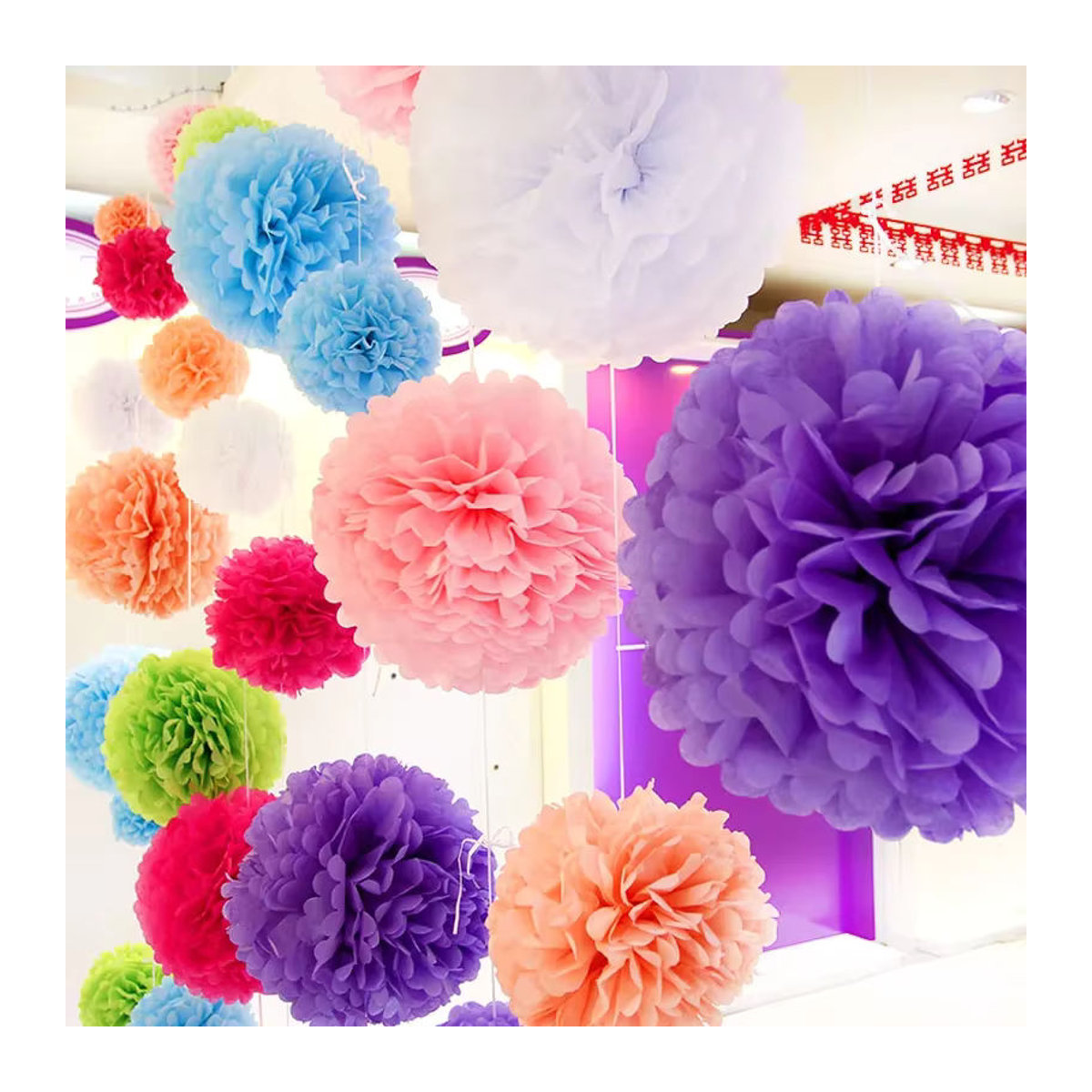 Merylover Pompons aus Seidenpapier in Lila und Mehrfarbig, runde hängende Papierblumen für Hochzeitsdekoration und Partyzubehör, Durchmesser: 10 cm - Bild 2