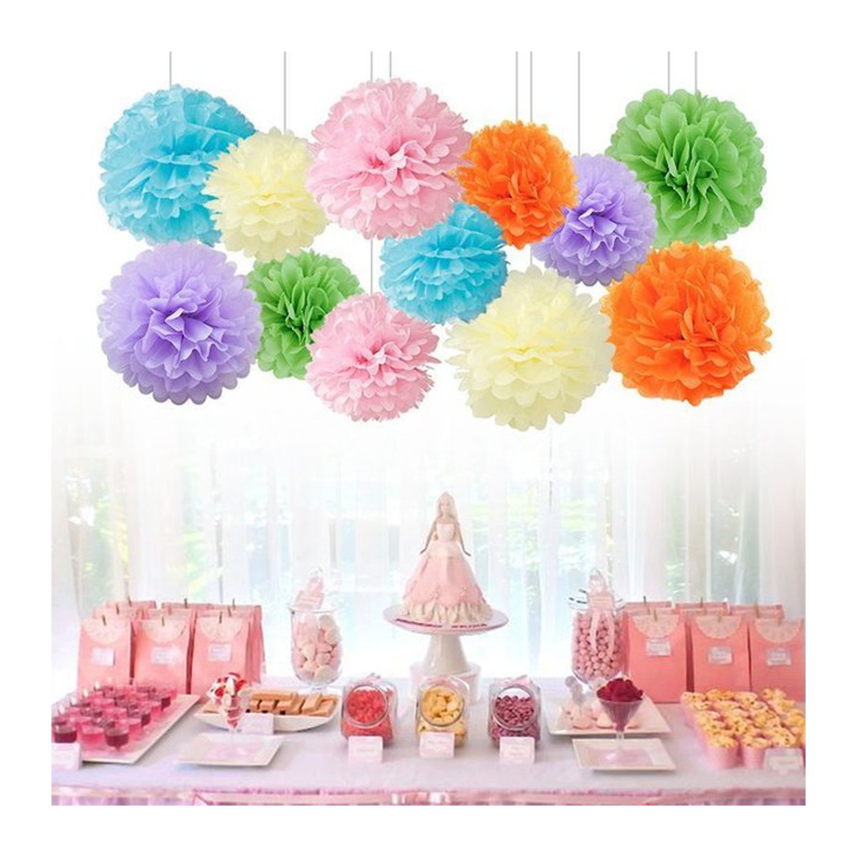 Merylover Seidenpapier-Pompons in Weiß und Mehrfarbig, Runde Papier-Dekobälle für Hochzeit, Babyparty und Geburtstag, Durchmesser: 10 bis 35 cm - Bild 1