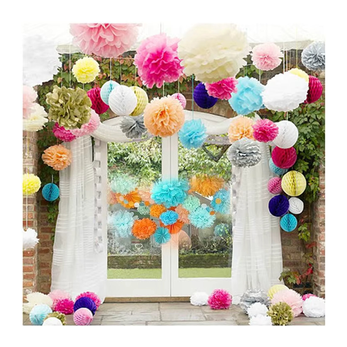 Merylover Seidenpapier-Pompons in Weiß und Mehrfarbig, Runde Papier-Dekobälle für Hochzeit, Babyparty und Geburtstag, Durchmesser: 10 bis 35 cm - Bild 2