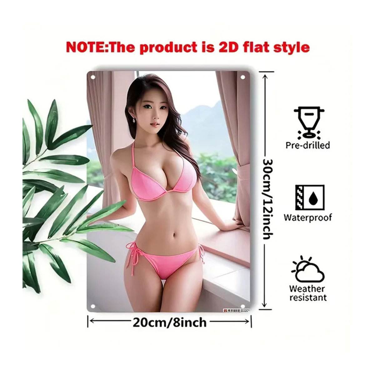 Metall-Wandkunst Bikini-Mädchen von CIFBUY, rosa und mehrfarbiges Porträt-Schild aus Metall, rechteckiges Wanddekor im Hochformat, Breite: 30 cm, Höhe: 20 cm - Bild 2