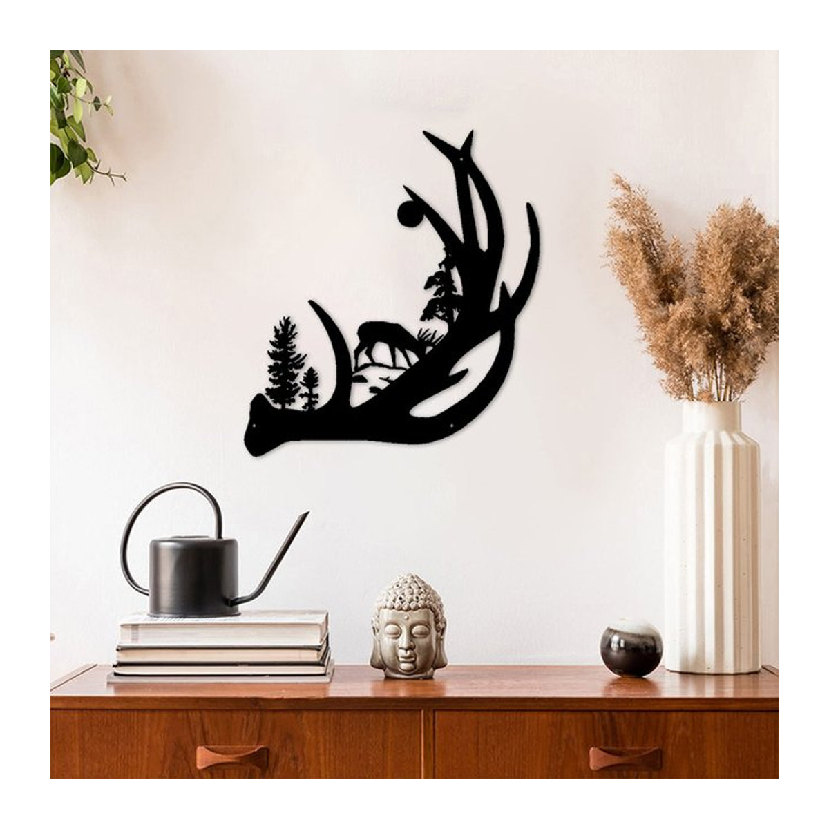 Metall Wandkunst Hirsch in Waldlandschaft als Wanddekor in Mattschwarz - Bild 1
