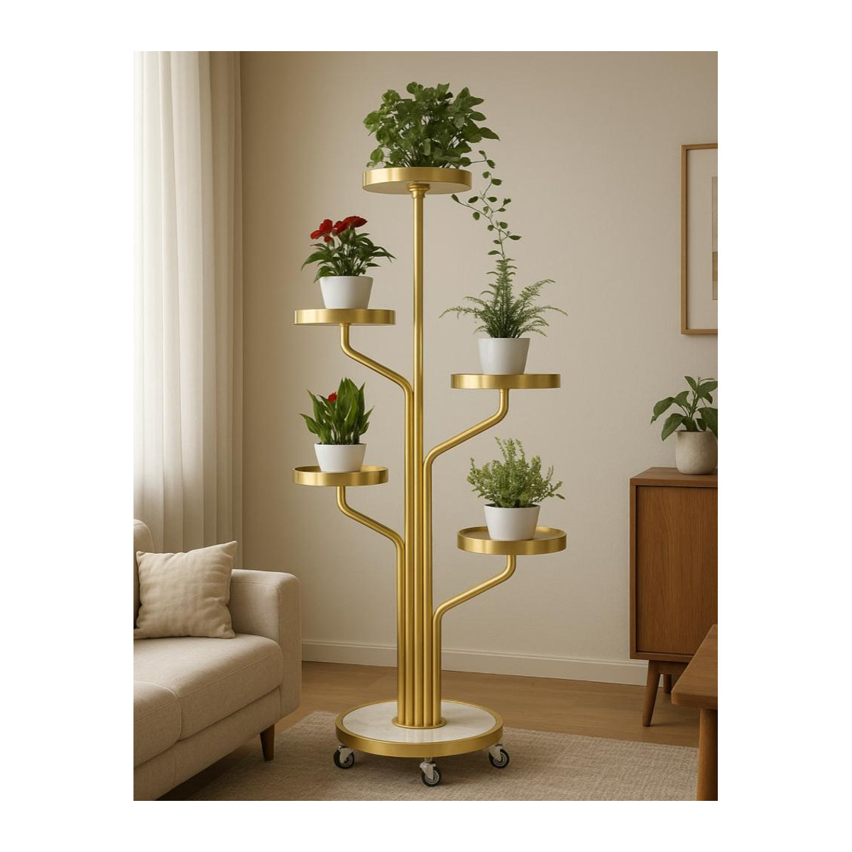Metallisches Pflanzenregal Kwietnik9 in Gold mit Rollen, Höhe: 135 cm - Bild 2