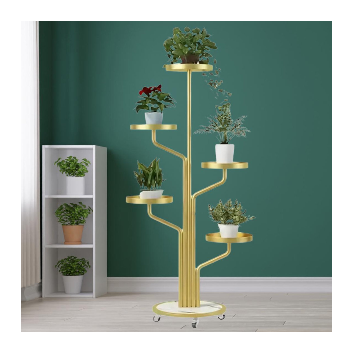 Metallisches Pflanzenregal Kwietnik9 in Gold mit Rollen, Höhe: 135 cm - Bild 3