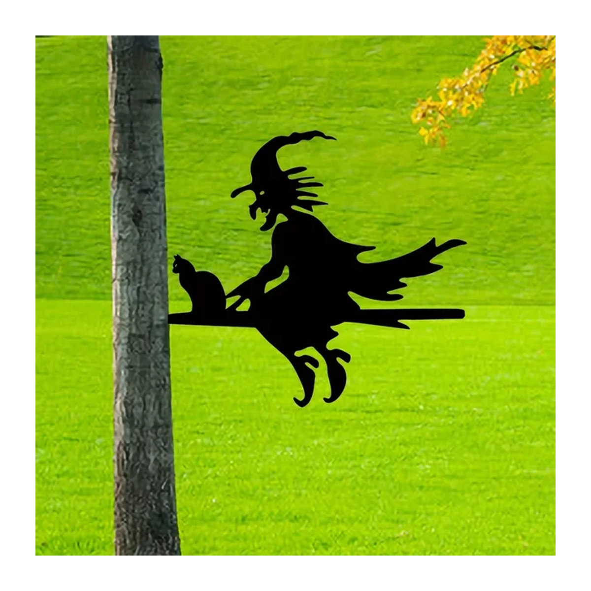 Metallwandkunst Hexe und Katze auf Ast als Halloween Dekoration in Schwarz - Bild 1