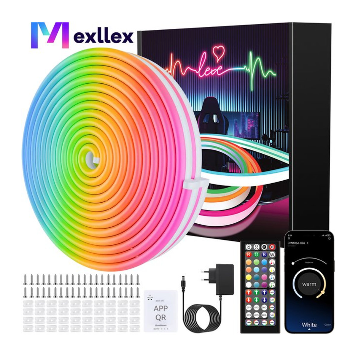 Mexllex RGB-LED-Neon-Lichterkette mit App- und Fernbedienung sowie Musik-Synchronisierung, wasserdicht für Innen- und Außenbereich - Bild 1
