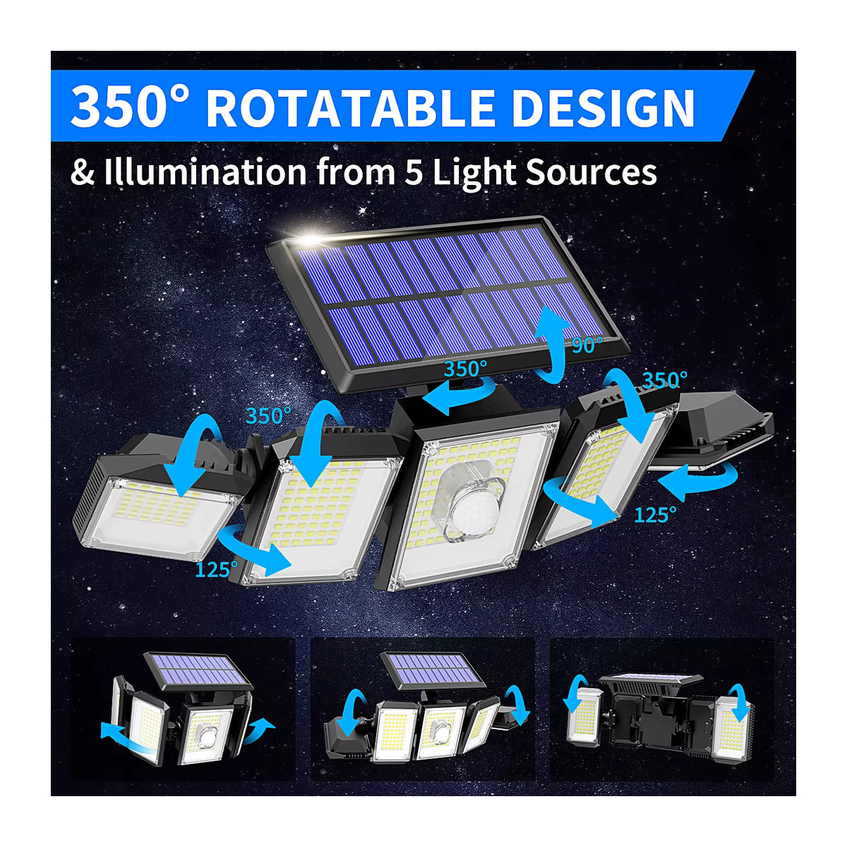 Mexllex Solar-Flutlichter mit Bewegungsmelder, kabellos, 300 LEDs, 5 verstellbare Köpfe, 3 Modi, IP65 wasserdicht für den Außenbereich - Bild 3