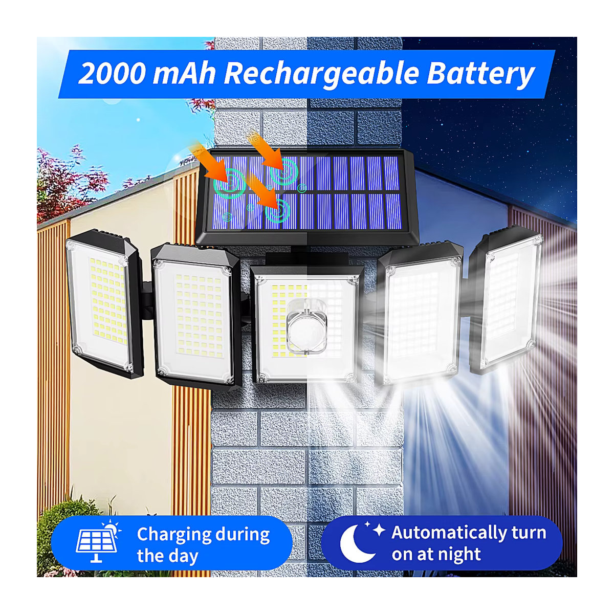 Mexllex Solar-Flutlichter mit Bewegungsmelder, kabellos, 300 LEDs, 5 verstellbare Köpfe, 3 Modi, IP65 wasserdicht für den Außenbereich - Bild 5