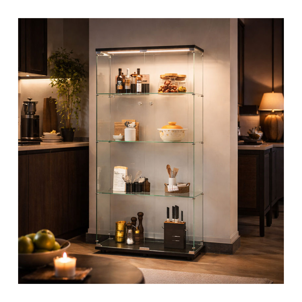 MGMYM Vitrinenschrank Modern mit Doppeltür aus MDF und Glas, 4-stufige Aufbewahrungseinheit, Schwarz/Weiß, B: 80 cm, T: 36 cm - Bild 1