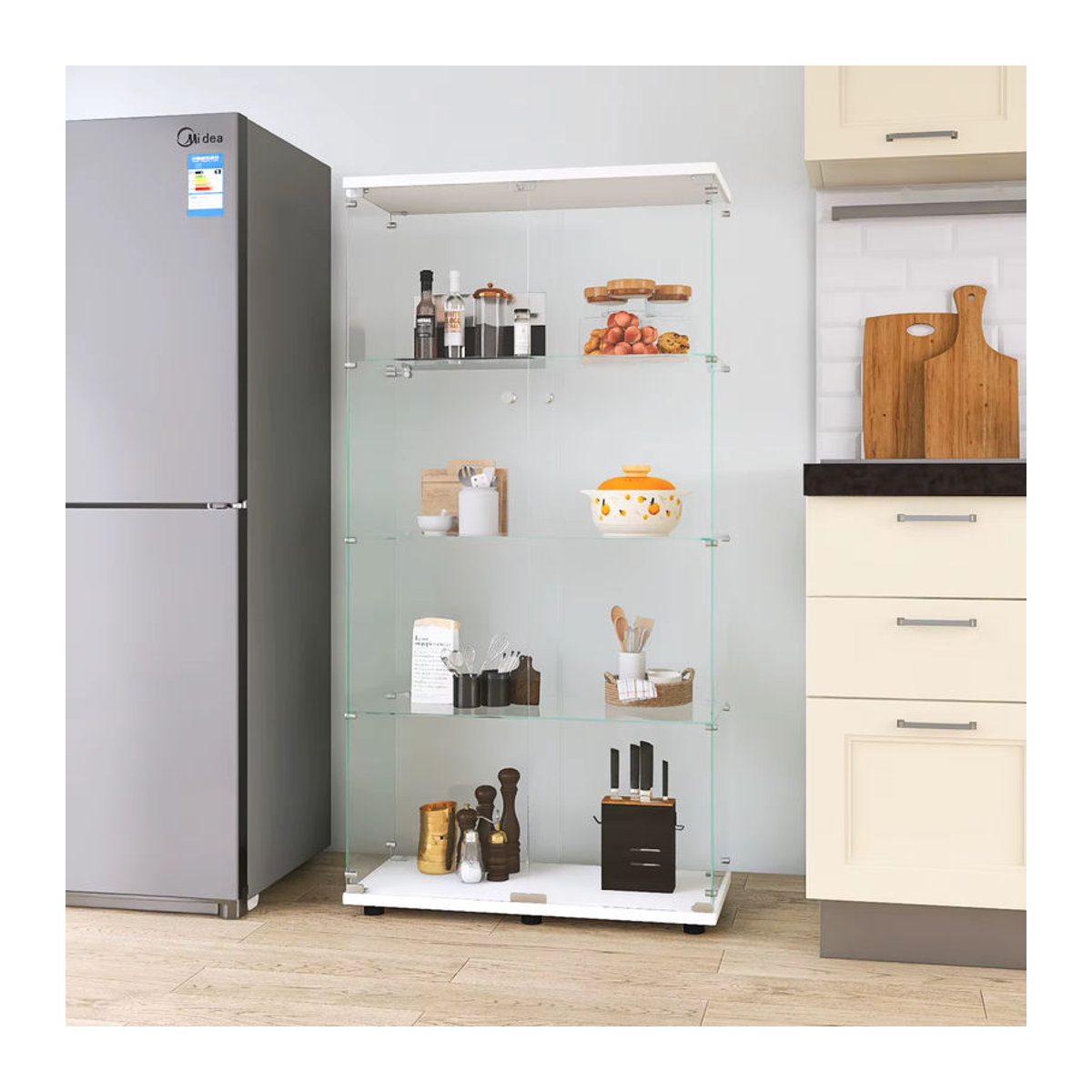 MGMYM Vitrinenschrank Modern mit Doppeltür aus MDF und Glas, 4-stufige Aufbewahrungseinheit, Schwarz/Weiß, B: 80 cm, T: 36 cm - Bild 3