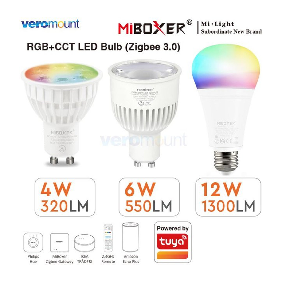 MiBoxer Zigbee 3.0 RGBCCT Smart-Lampe mit App- und Sprachsteuerung, E27 12W oder GU10 6W, RGB und Weiß - Bild 1