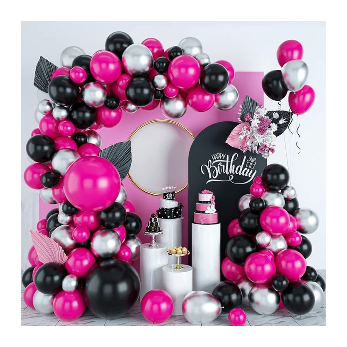 MicroPlush Kuromi Ballon Girlande Set in Rosa, Schwarz und Metallic Silber zur Dekoration für Geburtstag, Hochzeit oder Babyparty - Bild 1