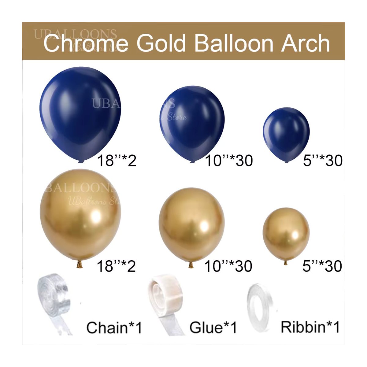 MicroPlush Luftballons Girlande in Chrom Gold und Marineblau für Geburtstag, Hochzeit und Party, 5/10/18 Zoll - Bild 2