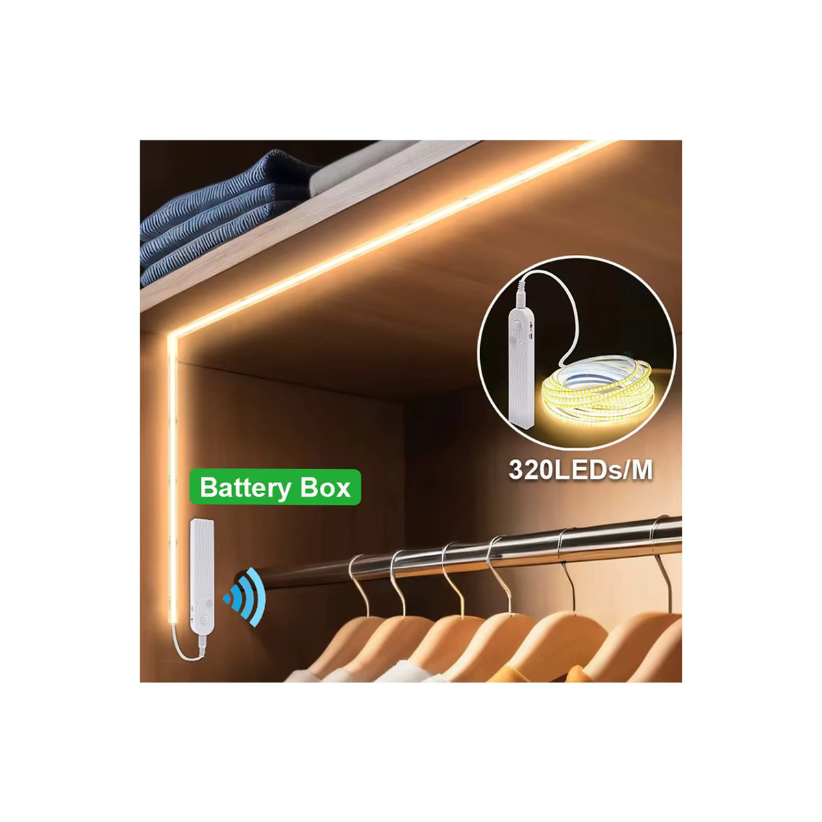 Mikenoon COB-LED-Streifenlicht mit PIR-Bewegungsmelder, 5 V, 320 LEDs/m, batteriebetrieben und selbstklebend für Schrank- und Küchenbeleuchtung - Bild 5