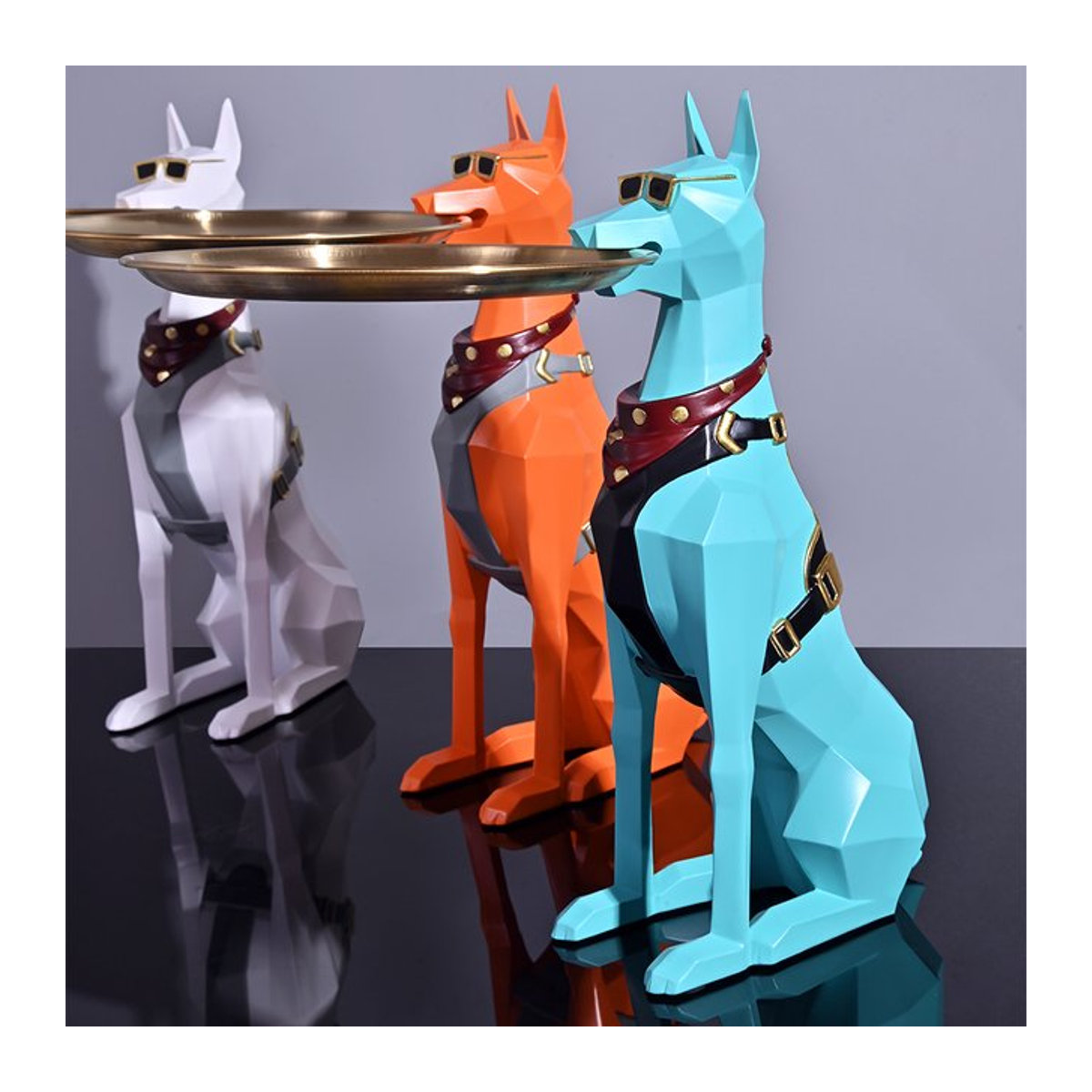 Milsccat Butler Hund Statue als Design Tablett aus Kunstharz in Schwarz und Mehrfarbig für Büro und Heimdekoration - Bild 1