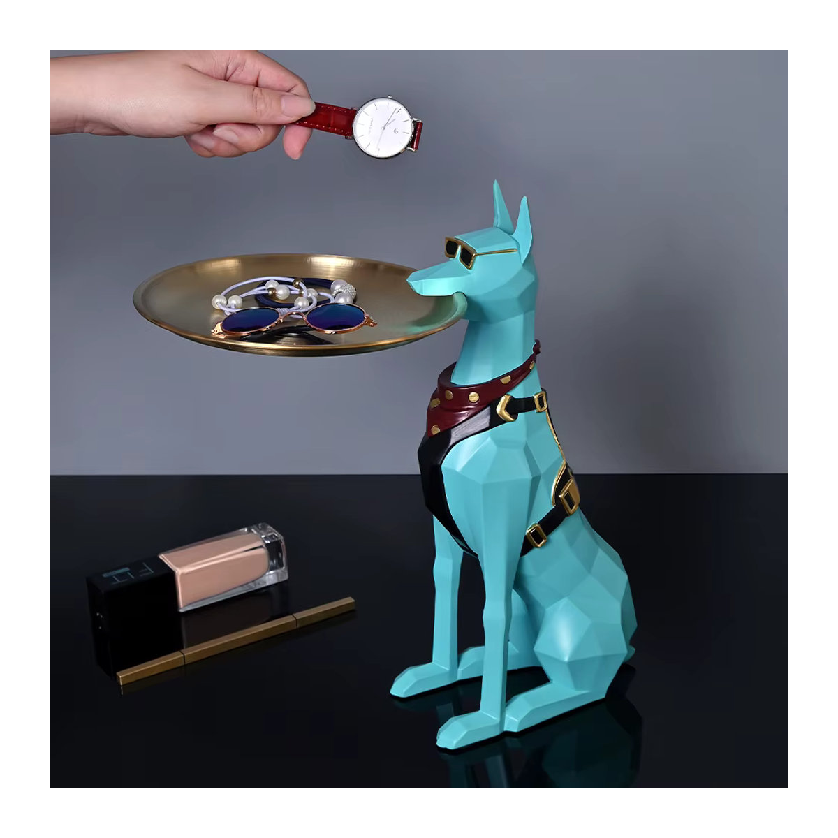 Milsccat Butler Hund Statue als Design Tablett aus Kunstharz in Schwarz und Mehrfarbig für Büro und Heimdekoration - Bild 3