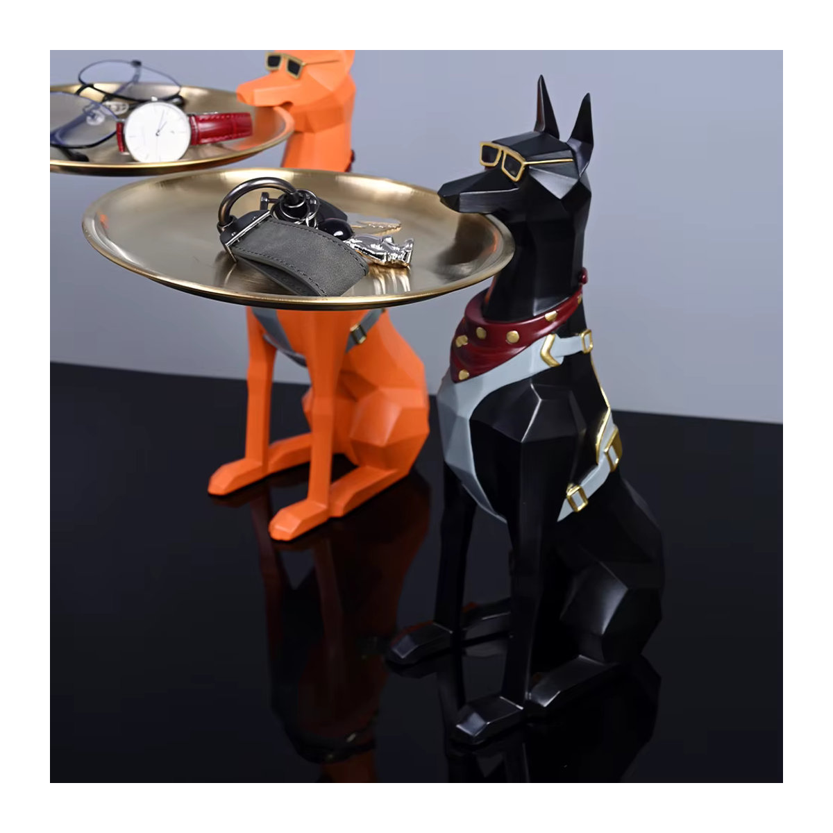 Milsccat Butler Hund Statue als Design Tablett aus Kunstharz in Schwarz und Mehrfarbig für Büro und Heimdekoration - Bild 4