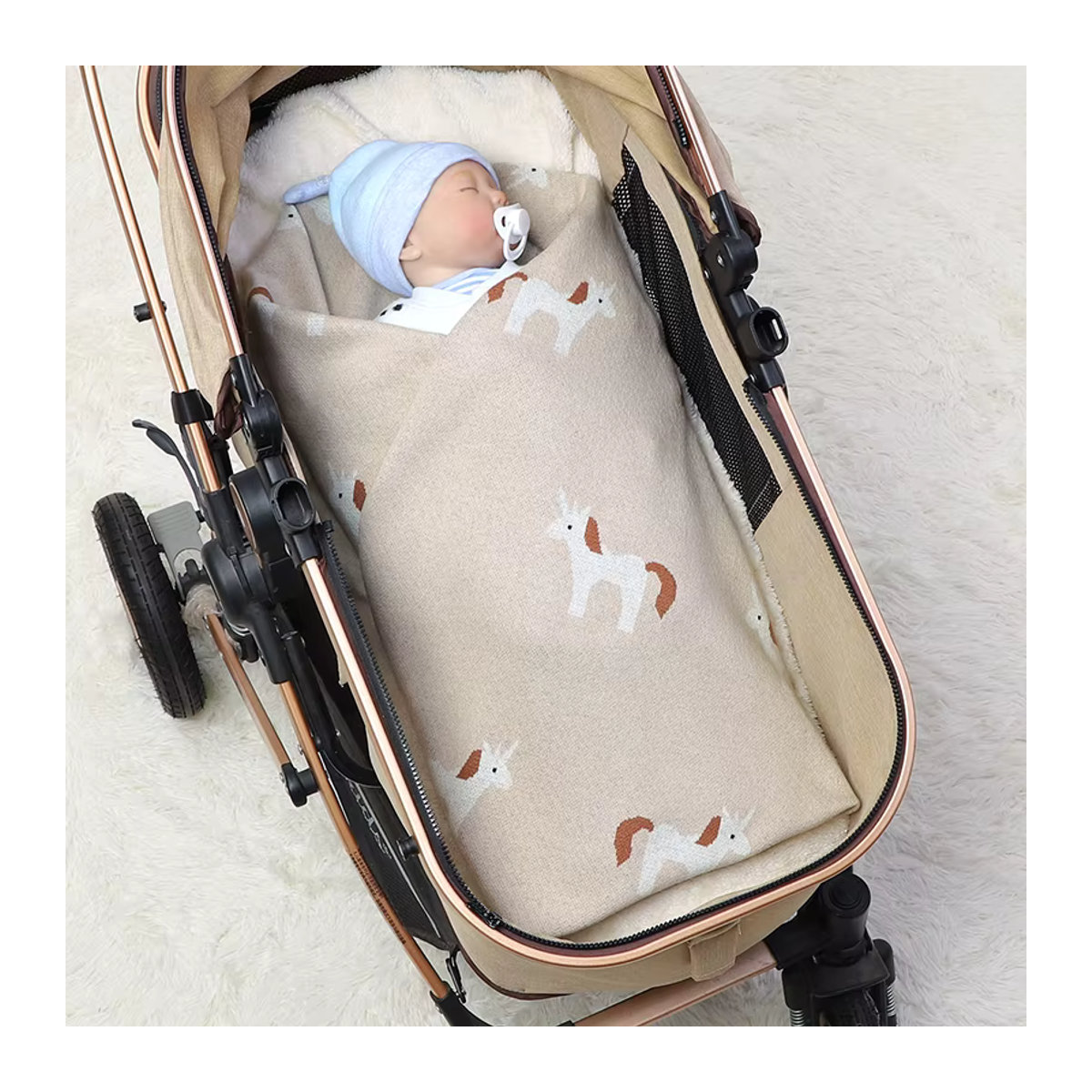 Mimixiong Baby Decke aus Baumwolle in Beige mit Einhorn-Motiv, B/B/H: 100 x 80 cm - Bild 2