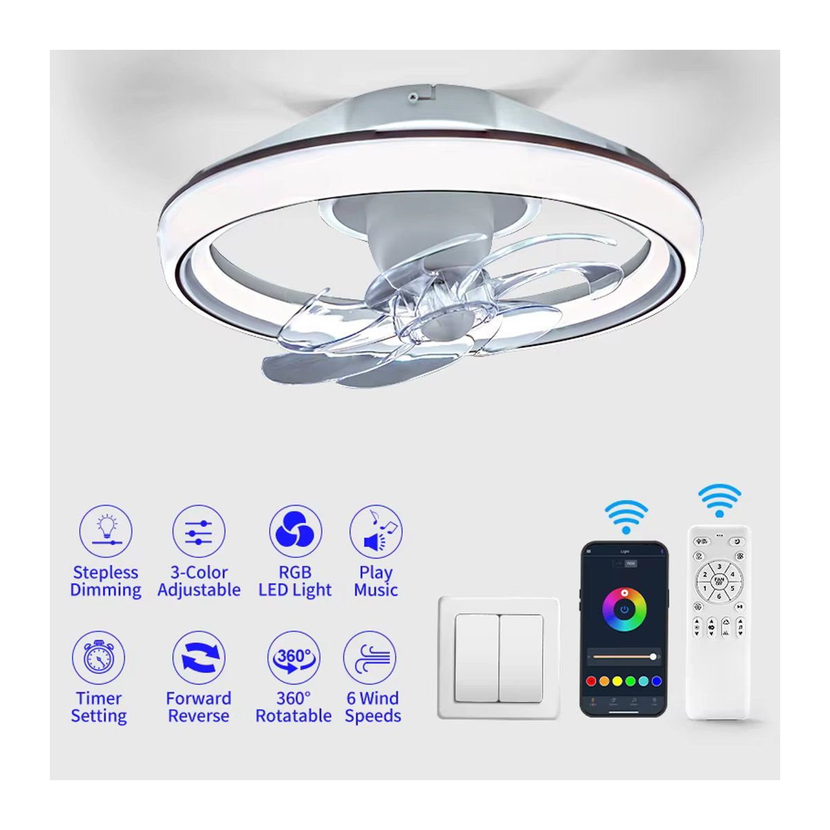 MING&BEN Deckenventilator mit integriertem LED-Licht, Lautsprecher und RGB-Beleuchtung, steuerbar per App und Fernbedienung, dimmbar mit sechs Geschwindigkeiten - Bild 2