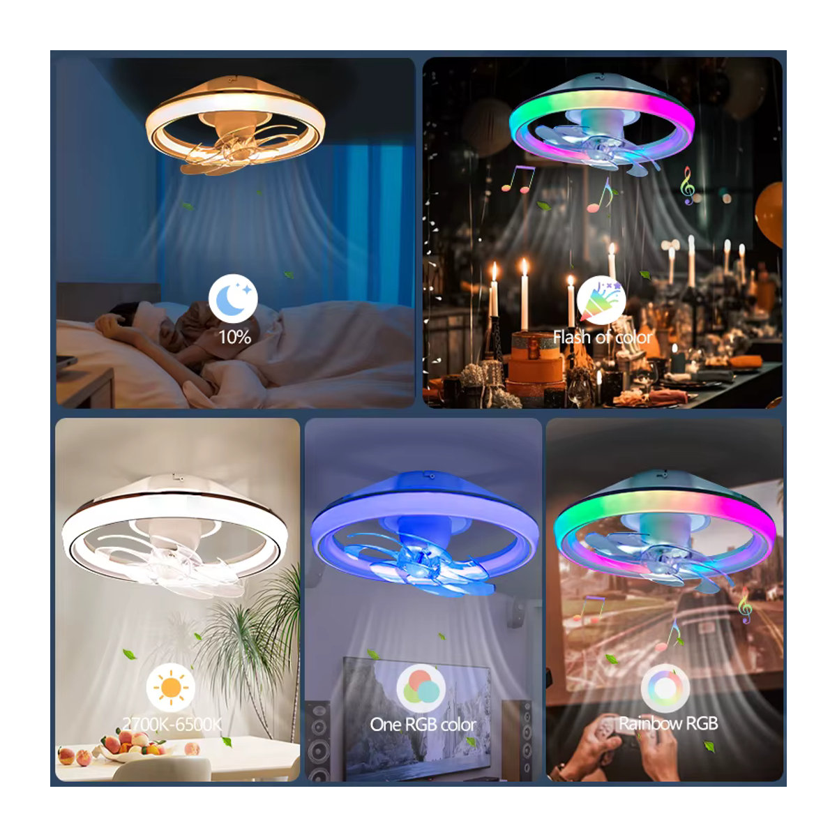 MING&BEN Deckenventilator mit integriertem LED-Licht, Lautsprecher und RGB-Beleuchtung, steuerbar per App und Fernbedienung, dimmbar mit sechs Geschwindigkeiten - Bild 4