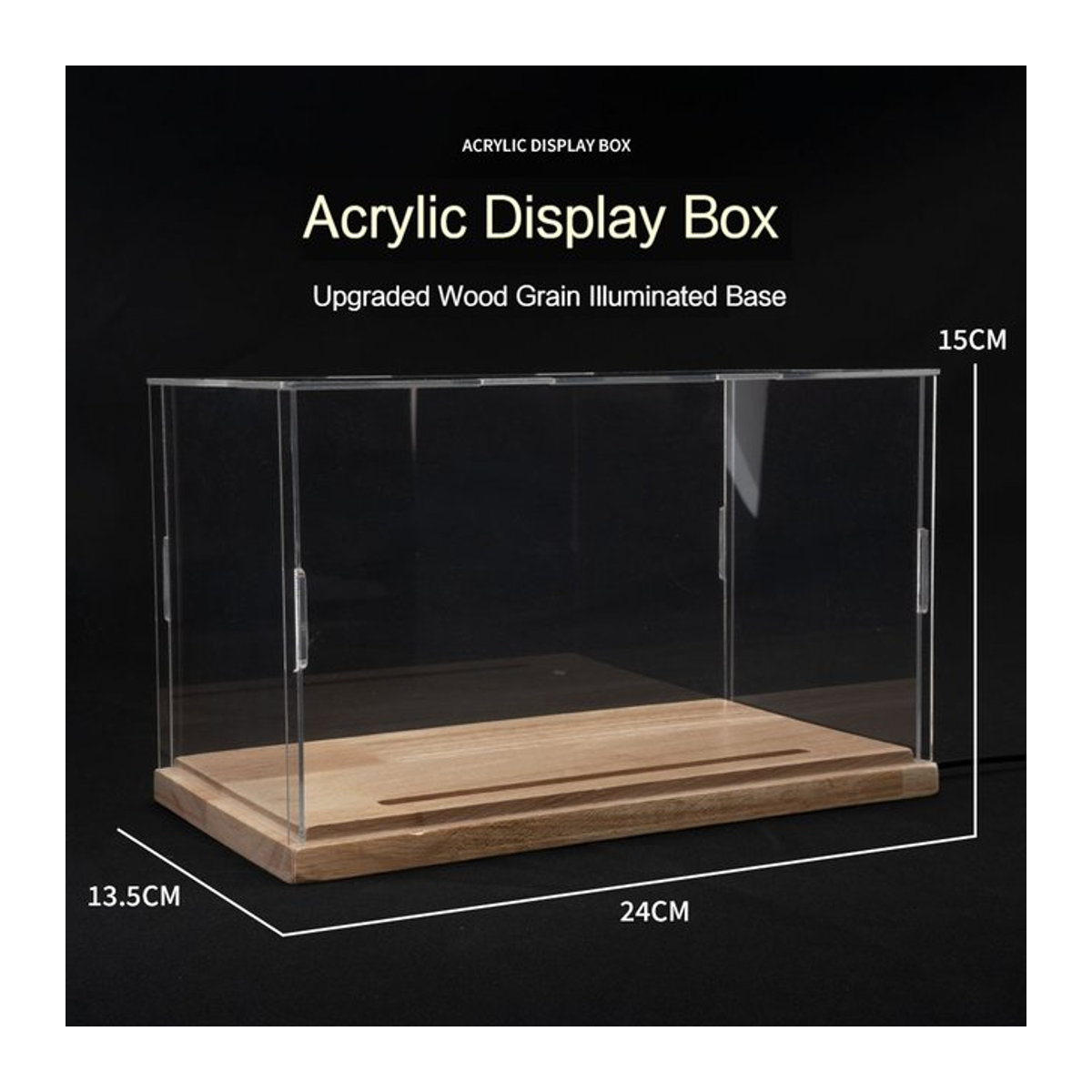 MINI AUTO Acryl Display Box mit LED-Licht und Holzsockel für Modellautos in den Maßstäben 1/32, 1/24 und 1/9, transparente Staubschutzbox aus Kunststoff und Holz - Bild 1