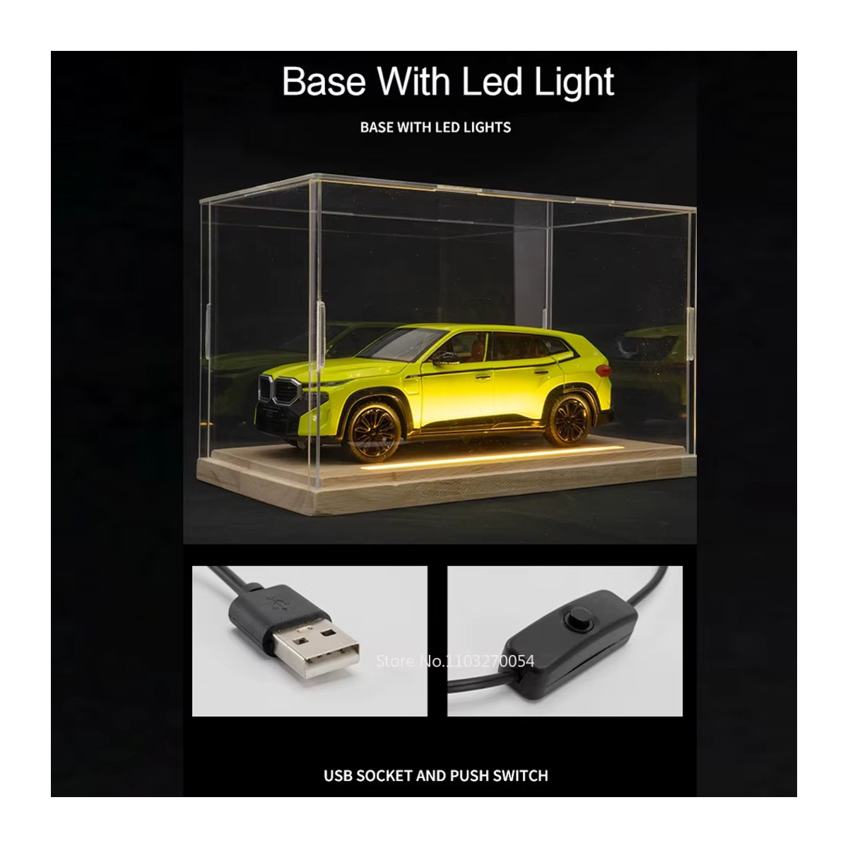 MINI AUTO Acryl Display Box mit LED-Licht und Holzsockel für Modellautos in den Maßstäben 1/32, 1/24 und 1/9, transparente Staubschutzbox aus Kunststoff und Holz - Bild 2