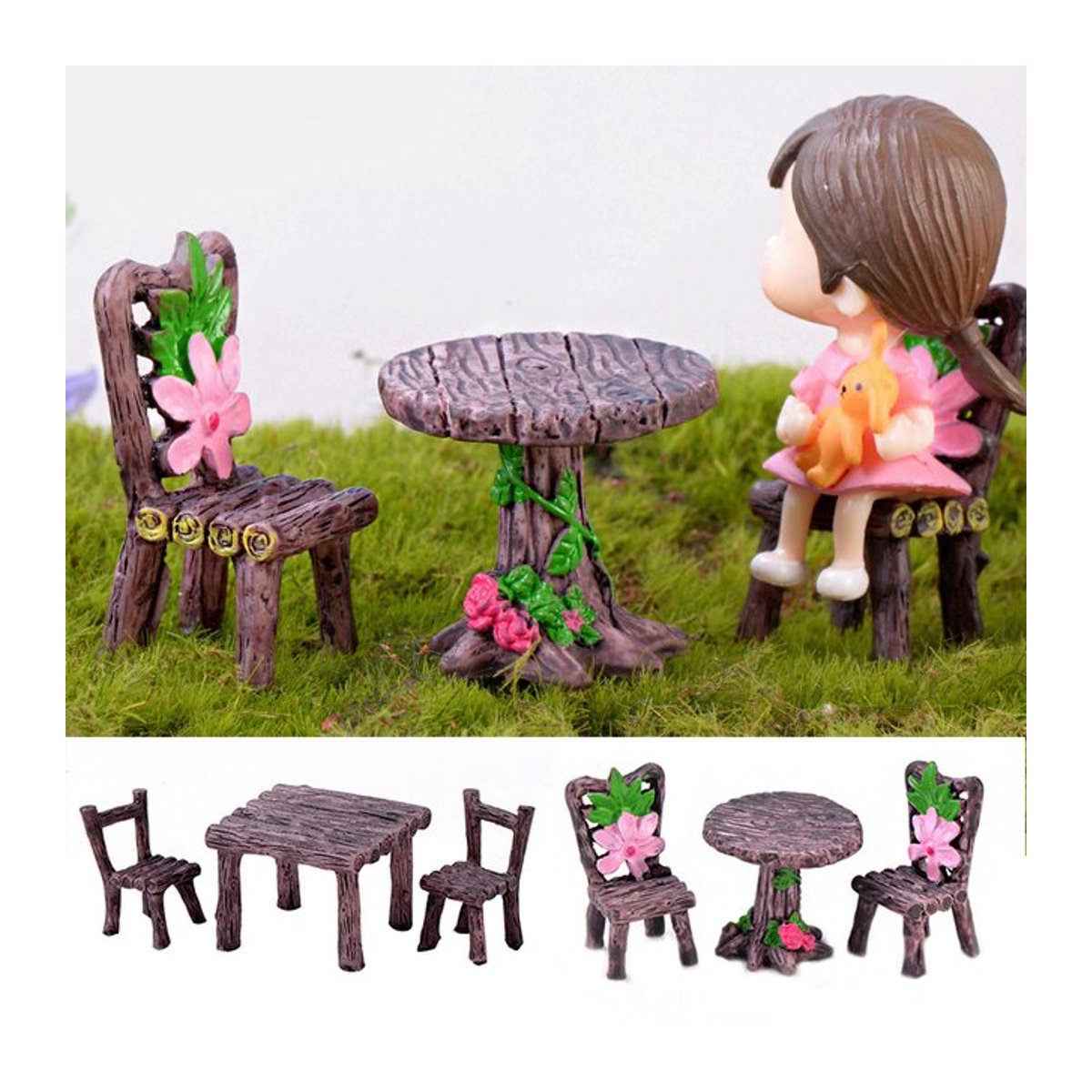 Miniatur Tisch und Stuhl Dekoration Set aus Harz in Braun für Puppenstuben und Garten - Bild 1