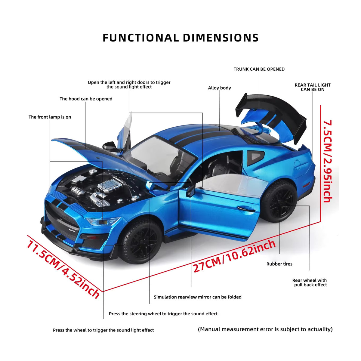 Miniaturen Ford Mustang GT500 Modellauto aus Metall im Maßstab 1:18 von MINI AUTO in Schwarz oder Blau - Bild 1