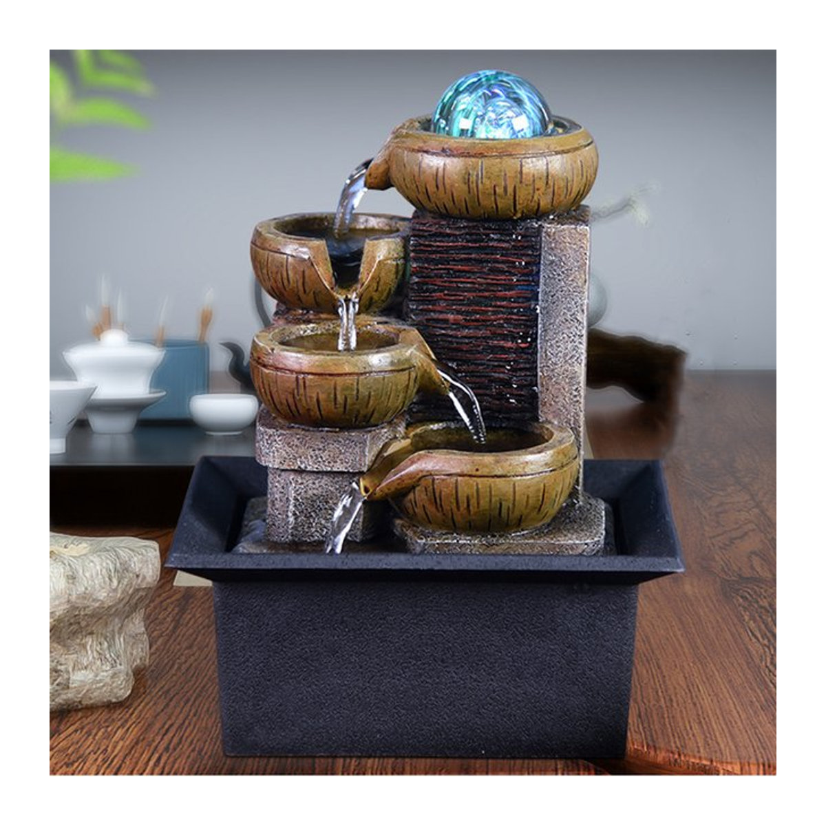 MINIDEAL Desktop-Wasserbrunnen mit Drehkugel in Braun aus Polyresin für Fengshui und Zen-Meditation - Bild 1