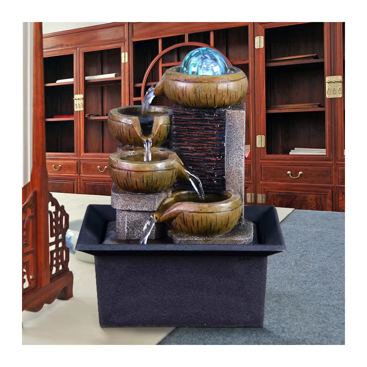 MINIDEAL Desktop-Wasserbrunnen mit Drehkugel in Braun aus Polyresin für Fengshui und Zen-Meditation - Bild 2