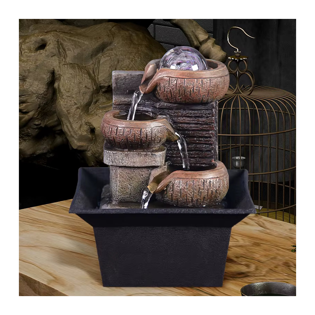 MINIDEAL Desktop-Wasserbrunnen mit Drehkugel in Braun aus Polyresin für Fengshui und Zen-Meditation - Bild 4