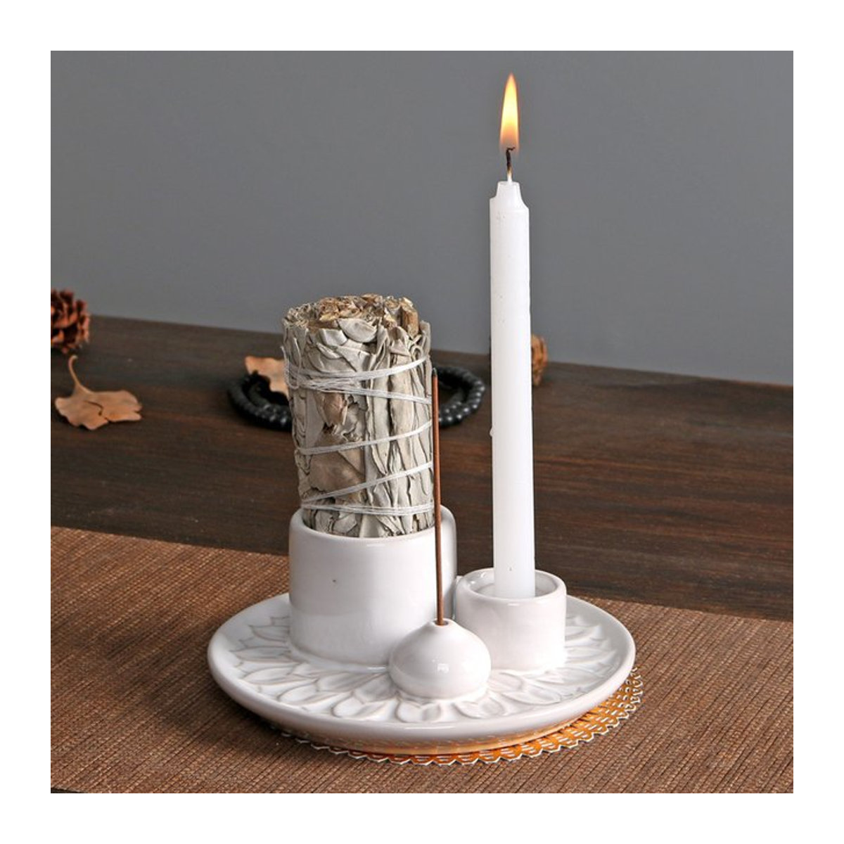 MINIDEAL Keramik Räuchergefäß in Morandi Color Weiß – Multifunktionaler 4-in-1 Kerzenhalter, Palo Santo-Brenner, Salbei-Brenner und Räucherstäbchen-Halter im minimalistischen Design - Bild 1