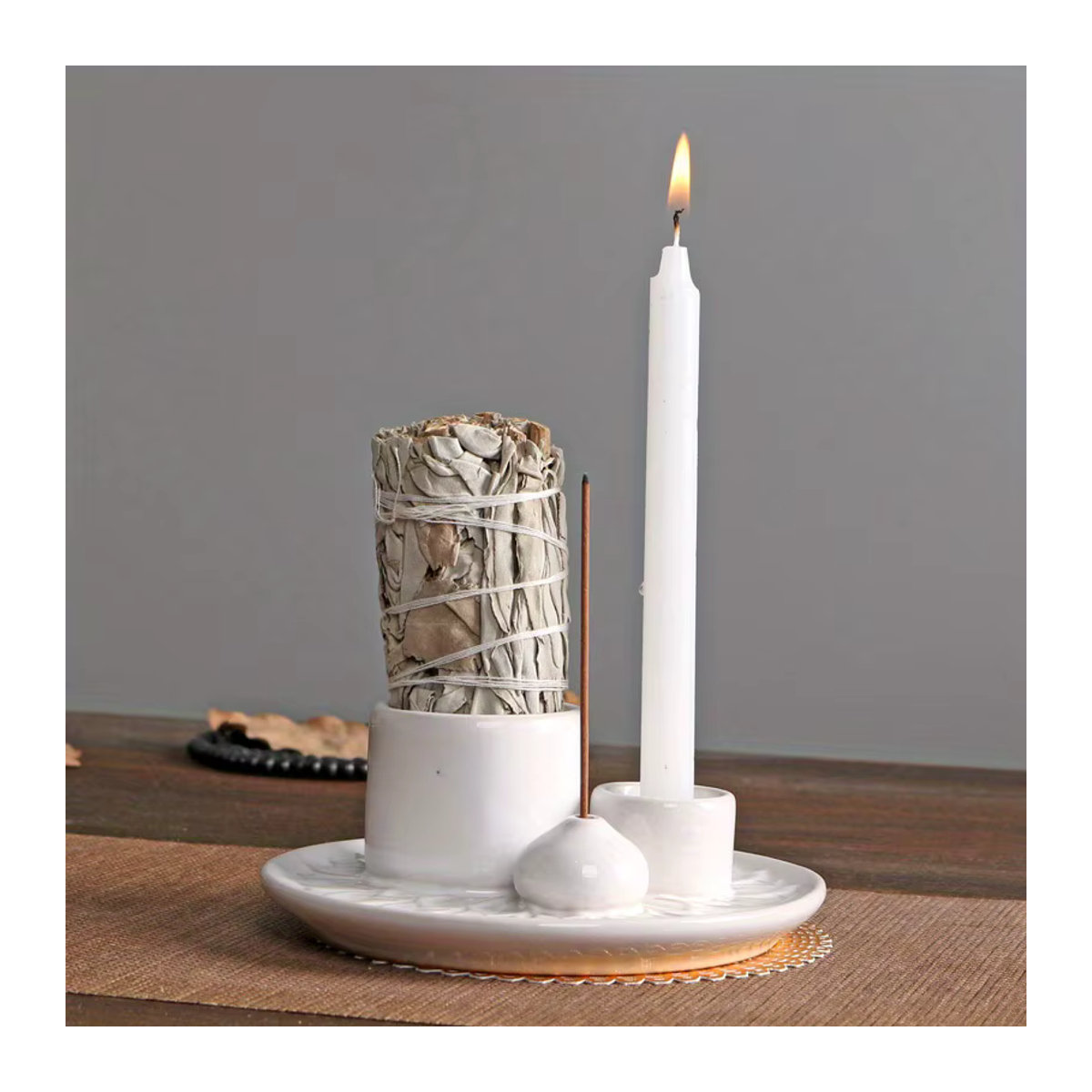 MINIDEAL Keramik Räuchergefäß in Morandi Color Weiß – Multifunktionaler 4-in-1 Kerzenhalter, Palo Santo-Brenner, Salbei-Brenner und Räucherstäbchen-Halter im minimalistischen Design - Bild 2
