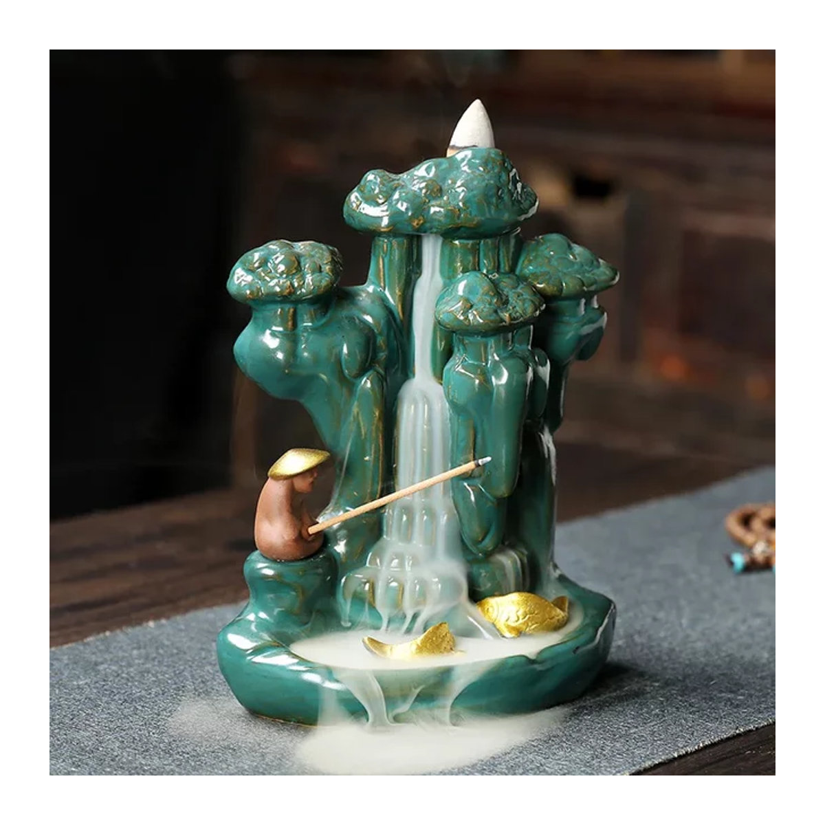 MINIDEAL Keramik Rückfluss Weihrauchbrenner Fisch Design in Gold und Grün als dekoratives Ornament für Aromatherapie - Bild 1