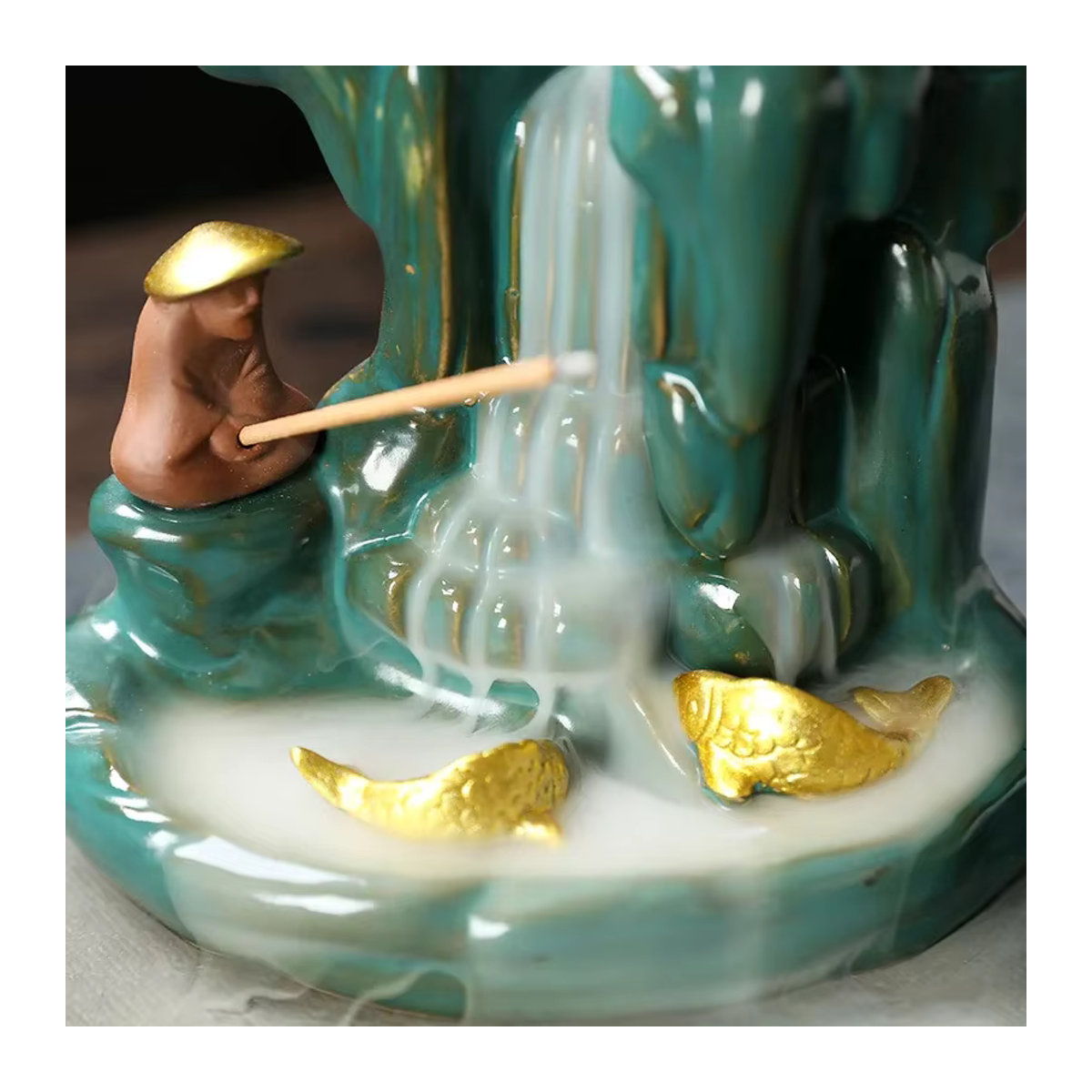 MINIDEAL Keramik Rückfluss Weihrauchbrenner Fisch Design in Gold und Grün als dekoratives Ornament für Aromatherapie - Bild 3