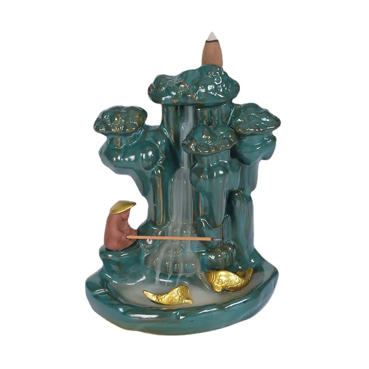 MINIDEAL Keramik Rückfluss Weihrauchbrenner Fisch Design in Gold und Grün als dekoratives Ornament für Aromatherapie - Bild 4