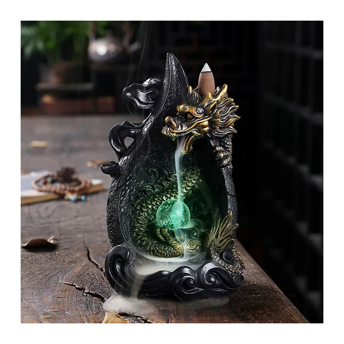 MINIDEAL LED Drachen Rückfluss Weihrauchhalter Wasserfall in Schwarz aus Kunstharz inklusive 20 Rückfluss-Weihrauchkegeln - Bild 1