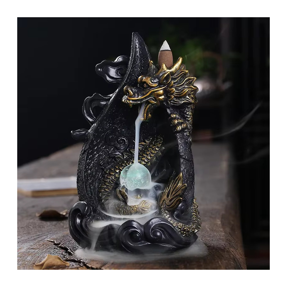 MINIDEAL LED Drachen Rückfluss Weihrauchhalter Wasserfall in Schwarz aus Kunstharz inklusive 20 Rückfluss-Weihrauchkegeln - Bild 3