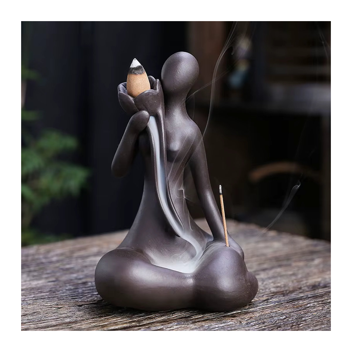 MINIDEAL Rückfluss Weihrauchbrenner aus Keramik mit Yoga Lady Dekoration in Lila und Schwarz für Zen Meditation und Wohnkultur - Bild 5