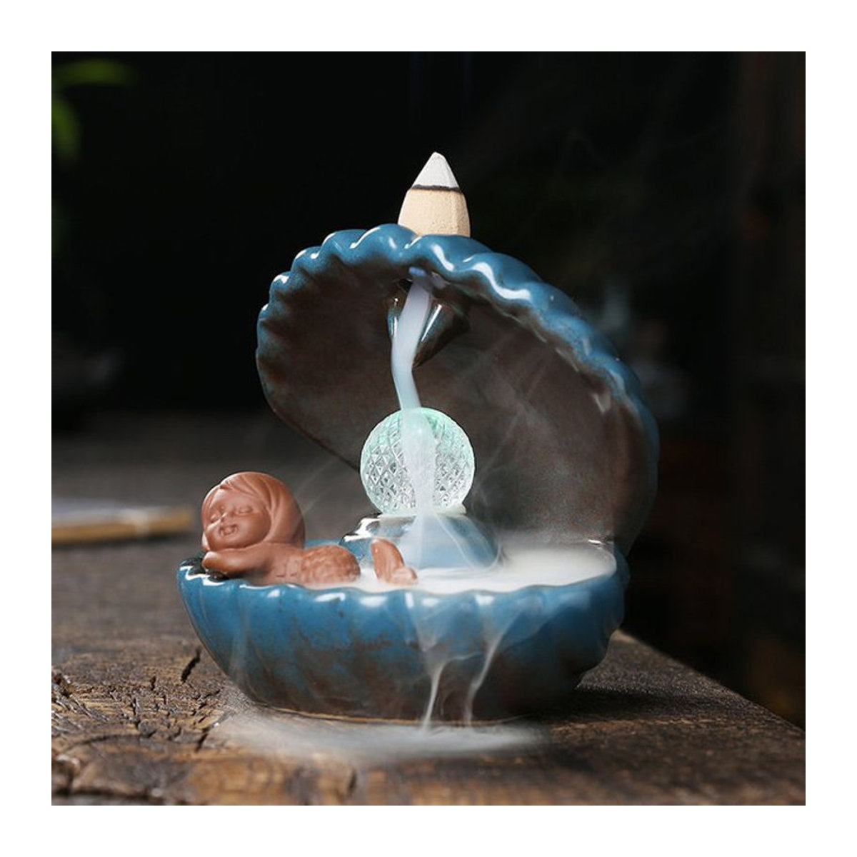 MINIDEAL Weihrauchbrenner Muschel mit Perle und LED-Licht in Blau, Keramik Dekoration im maritimen Design - Bild 1