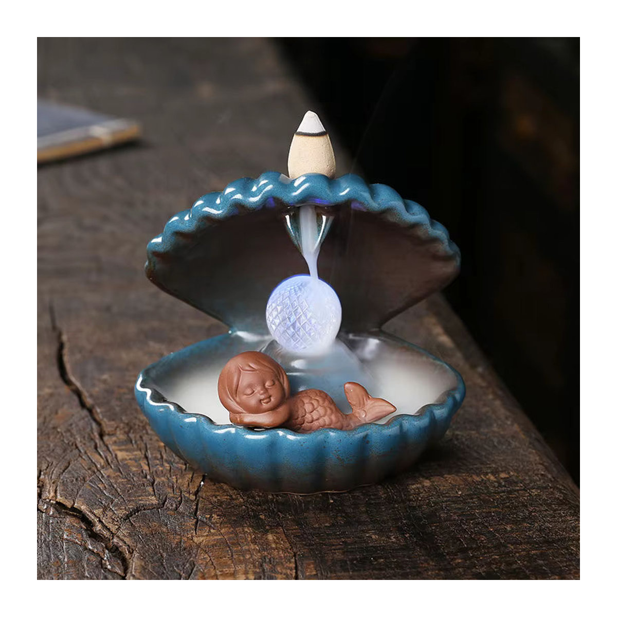 MINIDEAL Weihrauchbrenner Muschel mit Perle und LED-Licht in Blau, Keramik Dekoration im maritimen Design - Bild 3