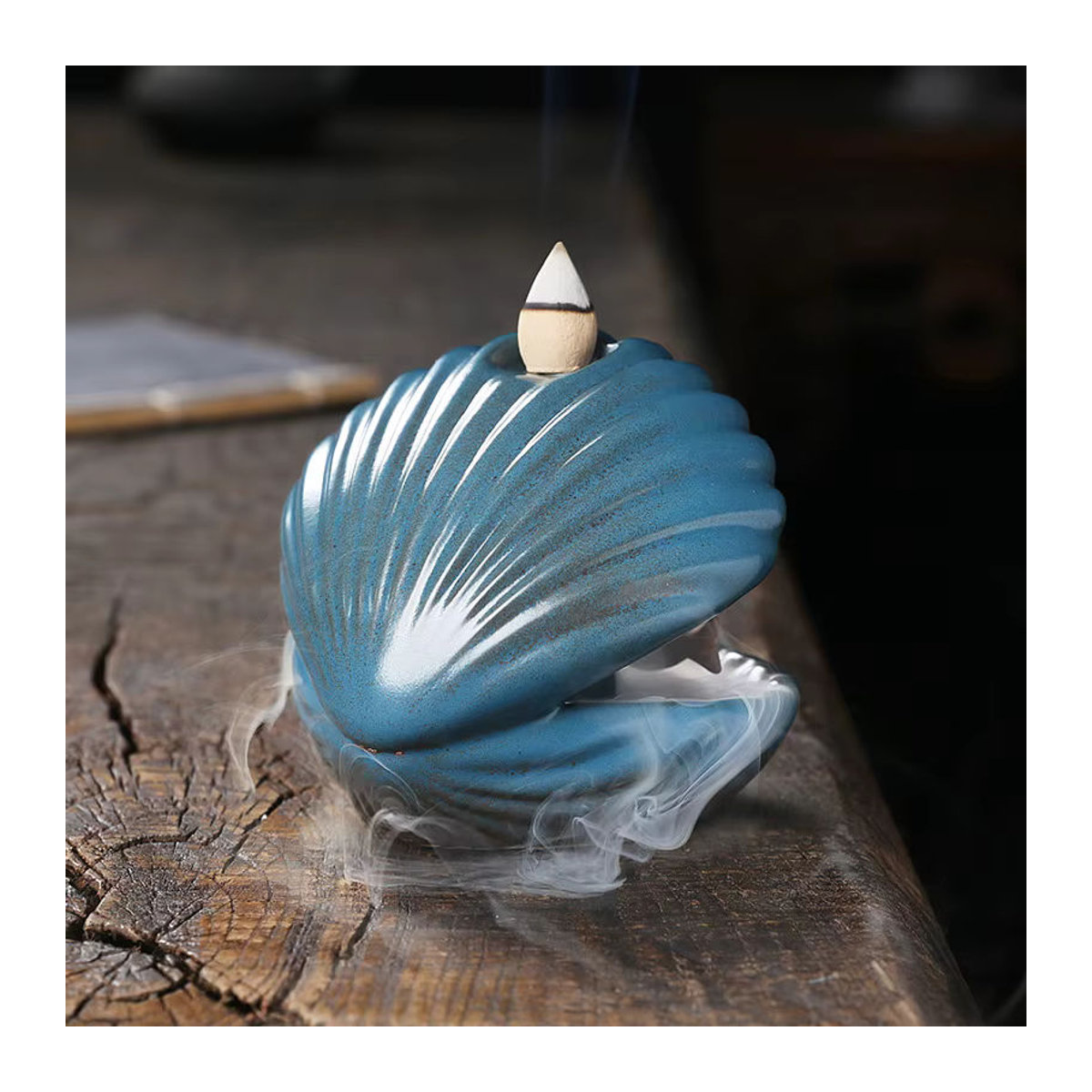 MINIDEAL Weihrauchbrenner Muschel mit Perle und LED-Licht in Blau, Keramik Dekoration im maritimen Design - Bild 4