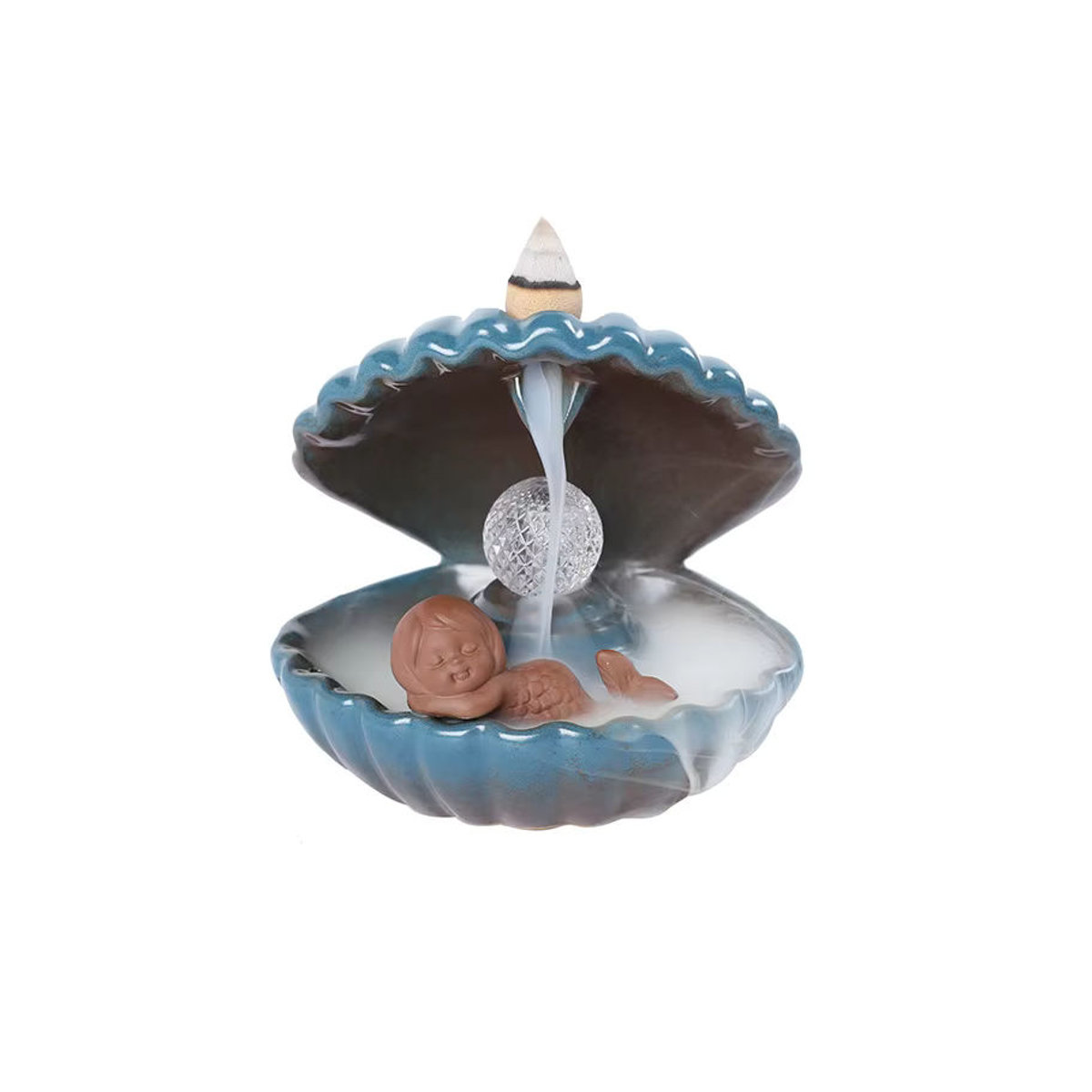 MINIDEAL Weihrauchbrenner Muschel mit Perle und LED-Licht in Blau, Keramik Dekoration im maritimen Design - Bild 5