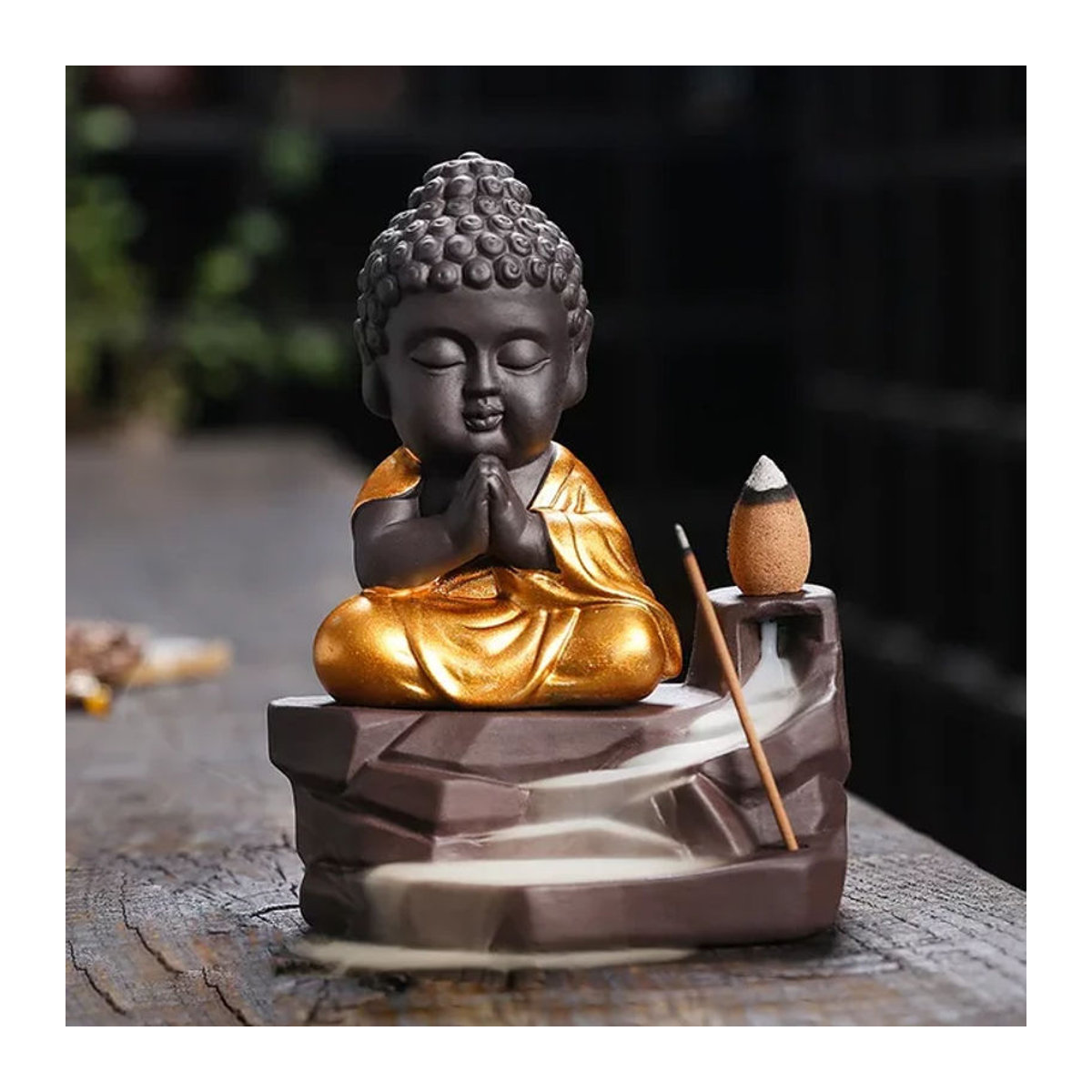 MINIDEAL Zen Buddha Rückfluss-Weihrauchbrenner in Schwarz aus Kunstharz für orientalische Dekoration - Bild 1